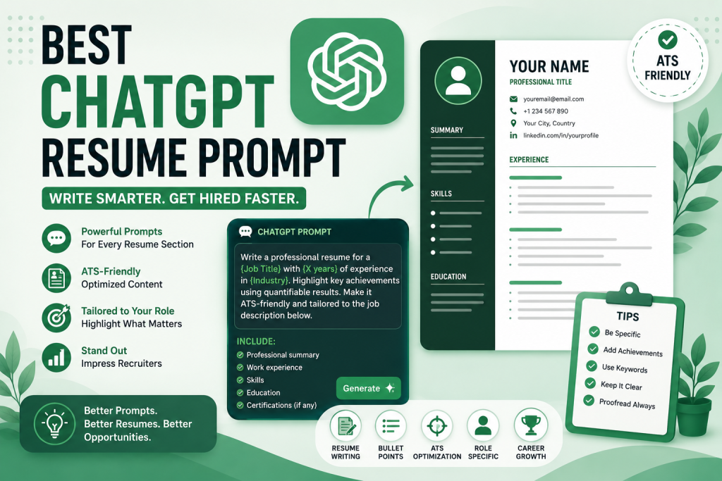 Green-themed featured image for a ChatGPT resume prompt article, showing an ATS-friendly resume template, ChatGPT prompt interface, career optimization icons, and professional resume writing elements designed to help users create better resumes with AI.