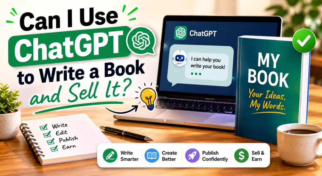 this visuals is showing a laptop and a book on a table, here is a text which is "can i use chatgpt to write a book and sell it"