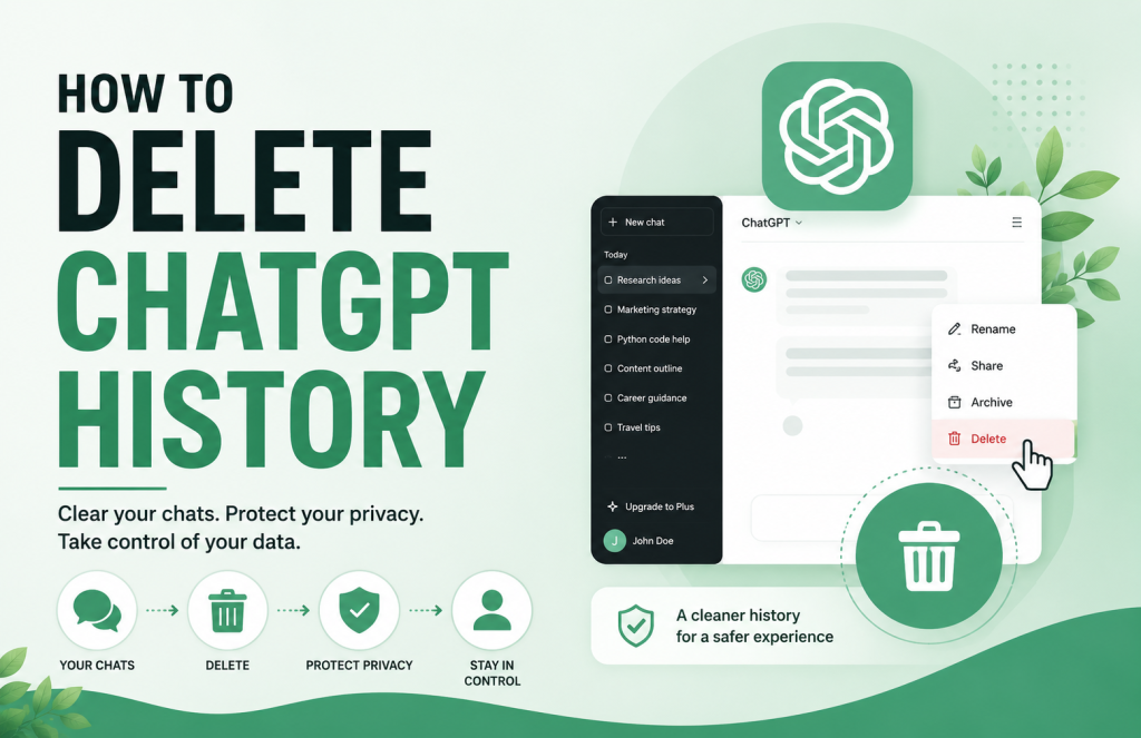 Green-themed featured image showing how to delete ChatGPT history, with a ChatGPT interface mockup, delete button, privacy icons, and clean modern UI elements representing chat removal, privacy protection, and account control.