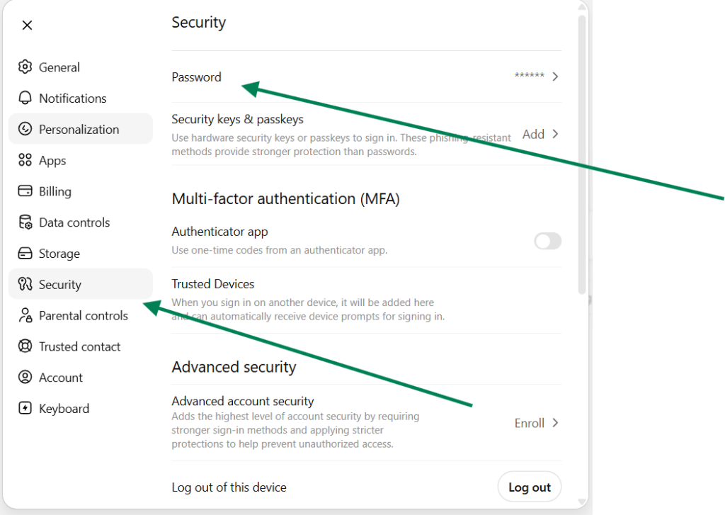 this iamge is showing the chatgpt settings option to change the password