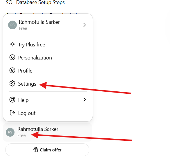 The image is showing the settings tab of chatgpt profile
