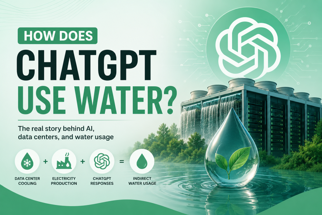 Featured infographic illustrating how ChatGPT uses water indirectly through data center cooling and electricity production, showing AI servers, cooling systems, and a green eco-themed water droplet with plant symbolizing sustainability, designed in a green #52b788 color scheme.