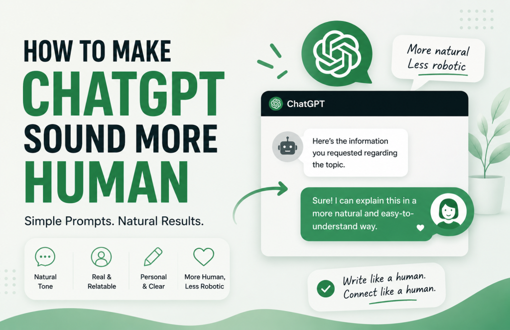this image is showing a little conversation of chatgpt, a big text which is "how to make chatgpt sounds more human".