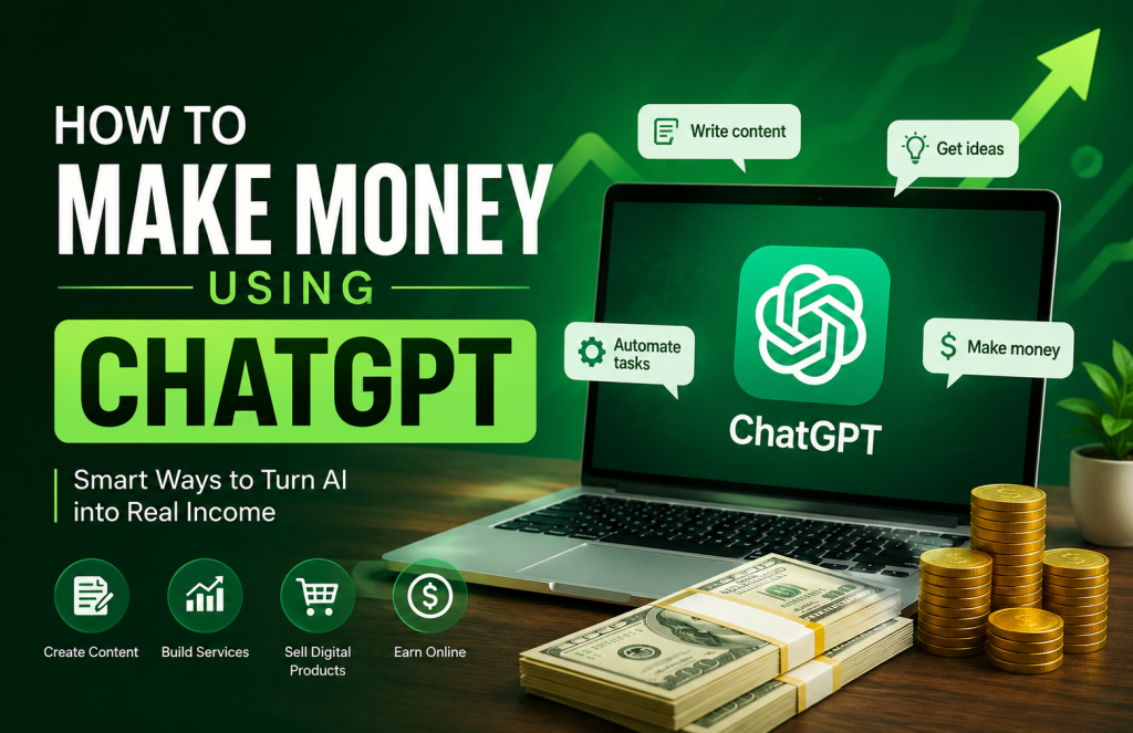 Laptop displaying ChatGPT with money, growth icons, and green financial graphics representing ways to make money online using ChatGPT.