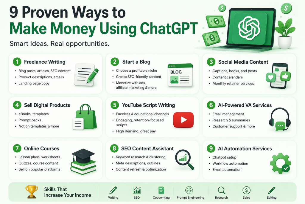 An image showing a laptop dispalying the logo of chatgpt, some dollar icon around the laptop and 9 method of earning money using chatgpt