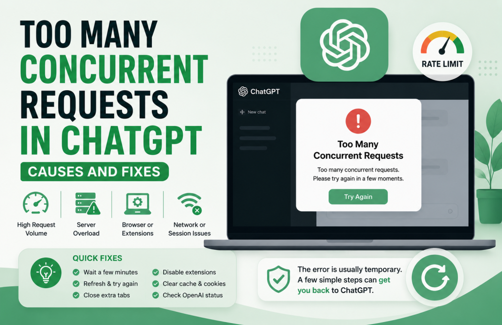 Green-themed featured image illustrating the ‘Too Many Concurrent Requests in ChatGPT’ error, showing a ChatGPT interface with a rate limit warning, troubleshooting icons, and quick fixes like refreshing, clearing cache, and checking server status.