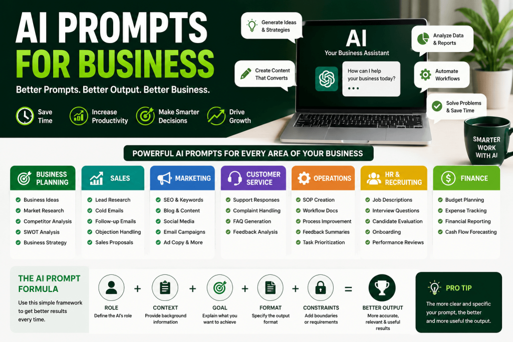 AI prompts for business infographic showing practical AI use cases for business planning, sales, marketing, customer service, operations, HR, recruiting, and finance with a prompt framework for better AI results.