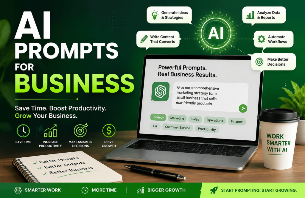 AI prompts for business featured image showing a green-themed AI productivity workspace with ChatGPT, business strategy prompts, marketing, sales, automation, workflow optimization, and business growth concepts.
