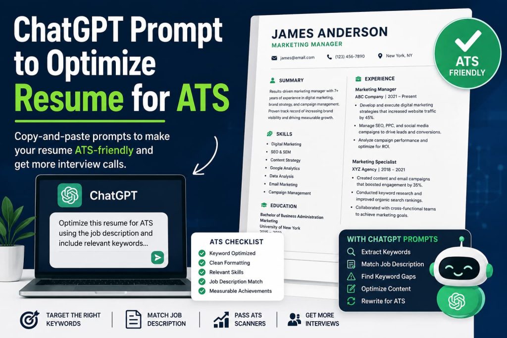 ChatGPT Prompt to Optimize Resume for ATS infographic showing a laptop with a ChatGPT ATS optimization prompt, an ATS-friendly resume example, keyword optimization checklist, and job description matching tips. The design highlights resume keyword extraction, ATS-friendly formatting, skills optimization, measurable achievements, and resume tailoring to help job seekers pass ATS screening and get more interviews.
