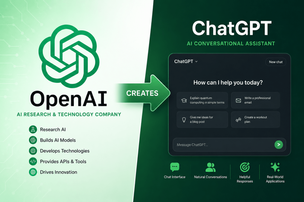 Split-screen infographic illustrating the relationship between OpenAI and ChatGPT. The left side features the OpenAI logo and describes OpenAI as an AI research and technology company that develops AI models, APIs, and tools. A green arrow labeled 'Creates' points to the right side, which shows the ChatGPT interface as an AI conversational assistant used for answering questions, writing, brainstorming, and productivity tasks.