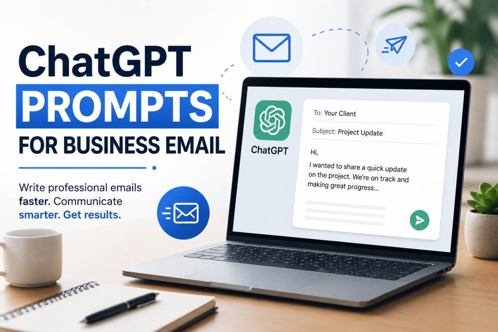 ChatGPT prompts for business email displayed on a laptop screen with professional email writing and business communication workflow