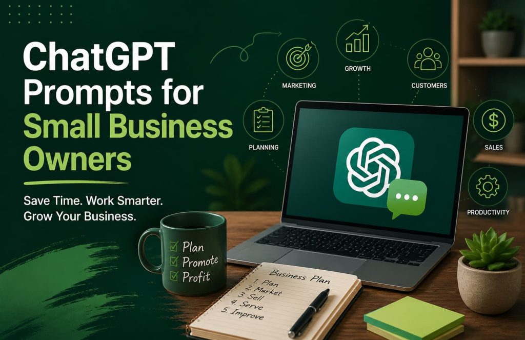 ChatGPT prompts for small business owners helping with marketing, planning, sales, customer service, and business growth.