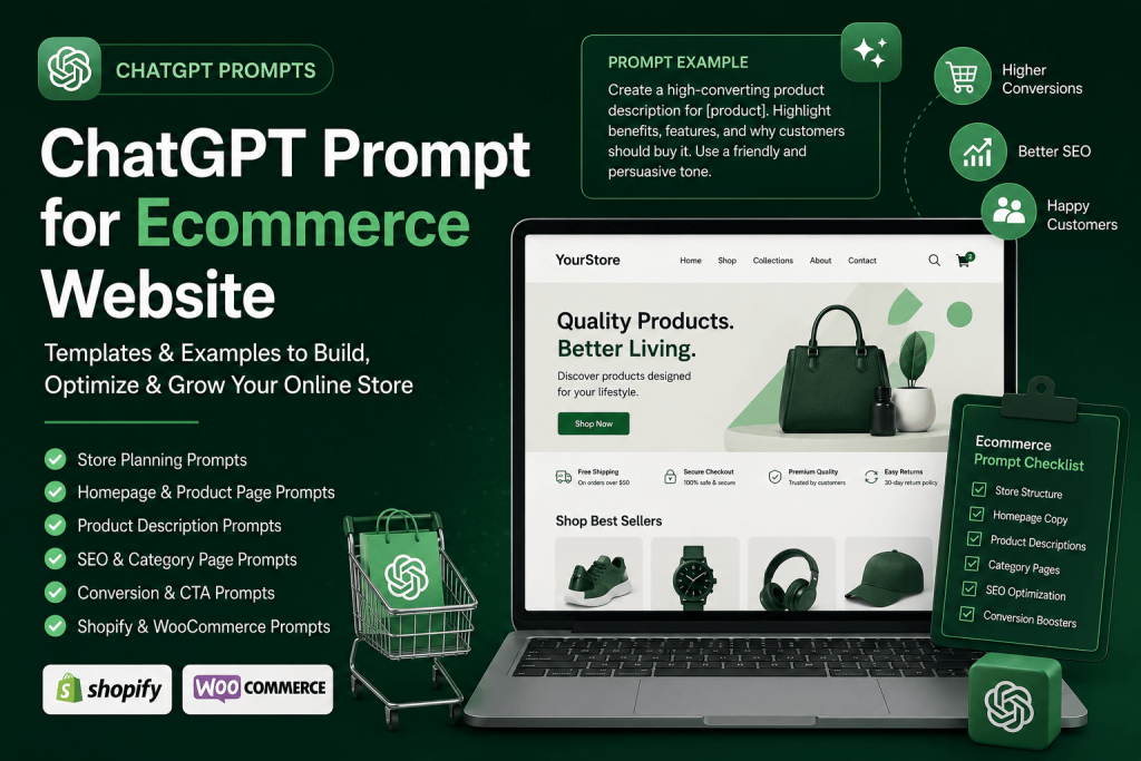 ChatGPT prompt for ecommerce website featured image showing an AI-powered online store on a laptop screen with Shopify and WooCommerce branding, ecommerce prompt templates, product page examples, SEO optimization tools, and conversion-focused website content strategies.