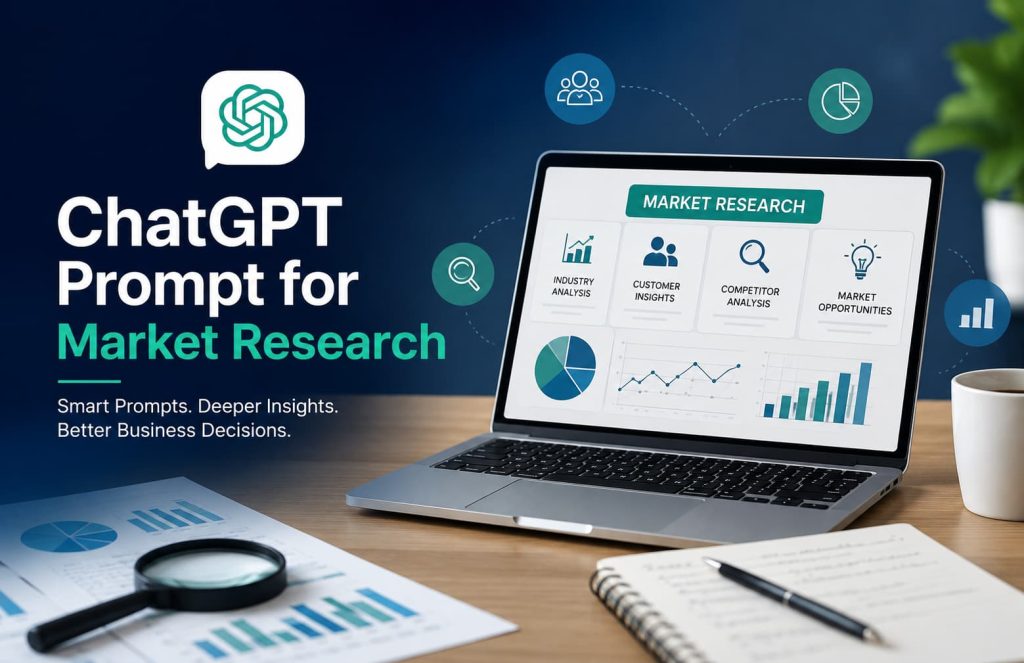 ChatGPT prompt for market research dashboard showing customer insights, competitor analysis, industry trends, and business opportunities