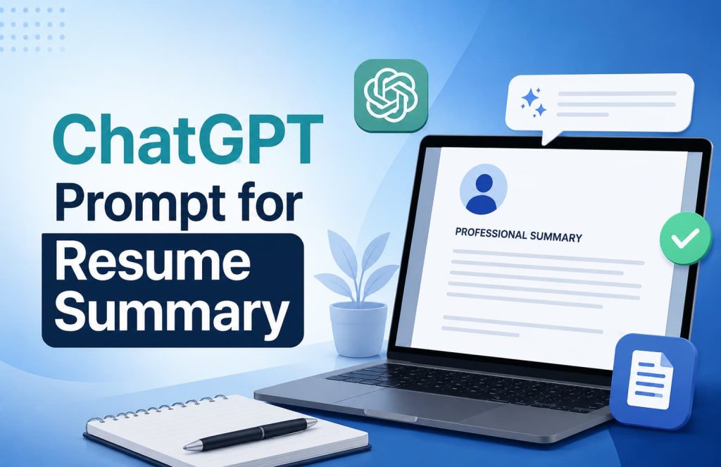 Feature image for “ChatGPT Prompt for Resume Summary” showing a laptop displaying a professional resume summary, ChatGPT-inspired AI icon, and modern workspace elements on a blue background, representing AI-assisted resume writing and ATS-friendly professional summaries.