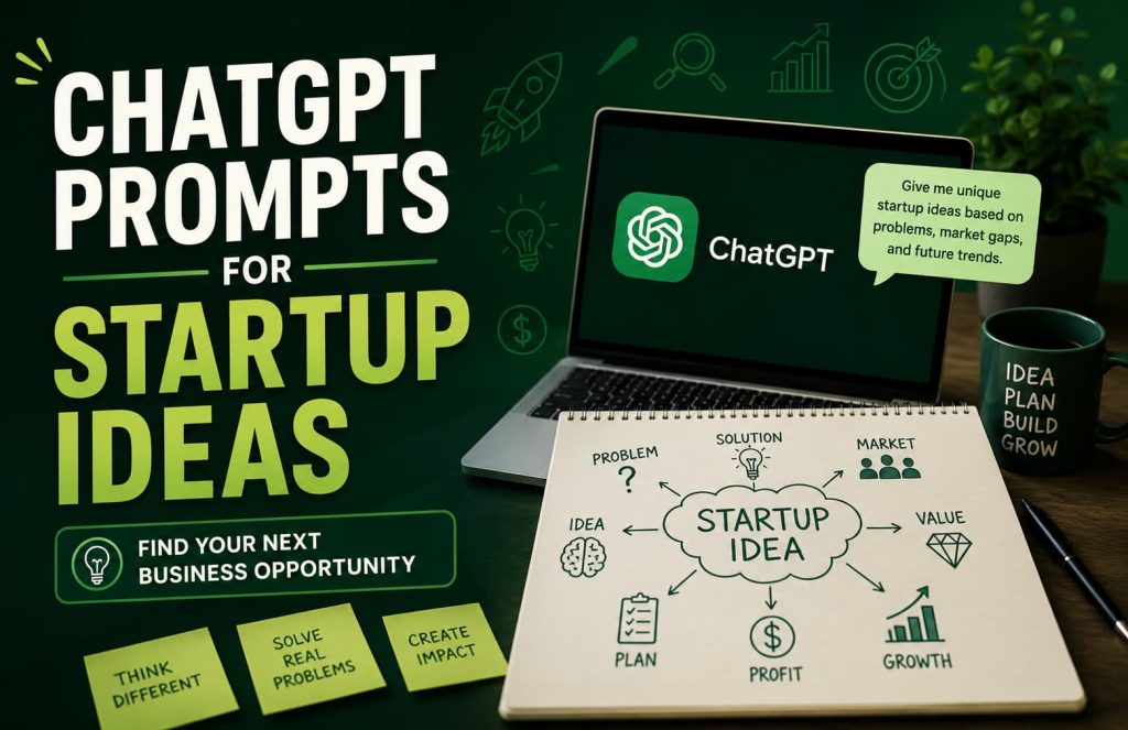 ChatGPT prompts for startup ideas displayed on a dark green business-themed workspace with a laptop, startup planning notebook, coffee mug, and visual elements representing entrepreneurship, innovation, market opportunities, and business growth.