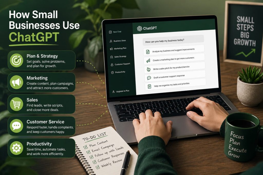 Small business owner using ChatGPT to plan marketing campaigns, manage customer service, organize tasks, and grow a business.