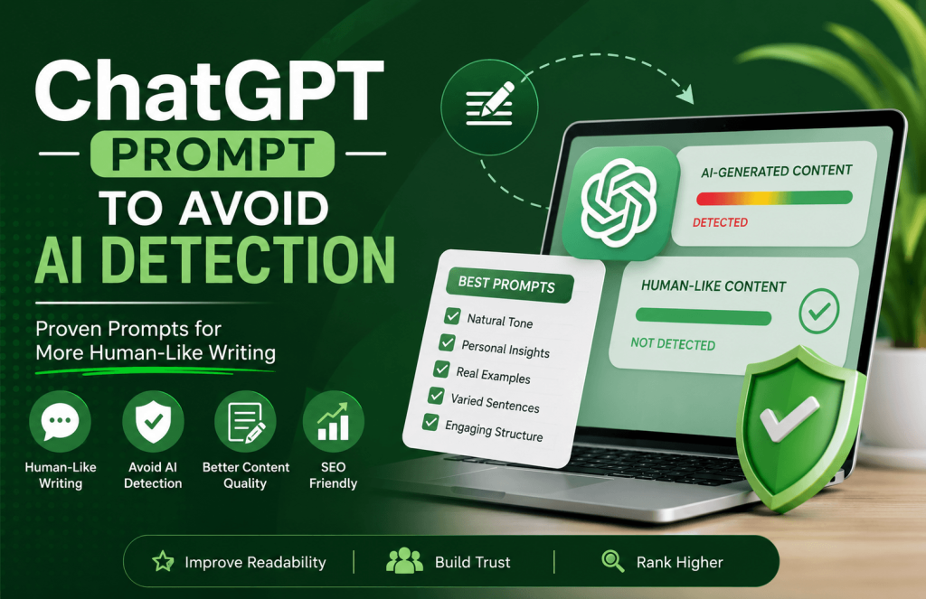 ChatGPT prompt to avoid AI detection with proven prompts for human-like writing, AI-generated content analysis, and SEO-friendly content creation