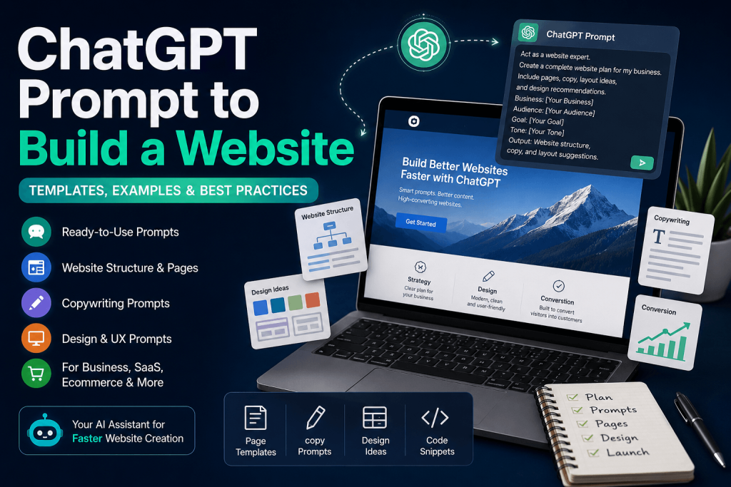 ChatGPT prompt to build a website featuring website planning templates, copywriting prompts, design ideas, UX recommendations, and AI-powered website creation workflow displayed on a modern laptop dashboard.