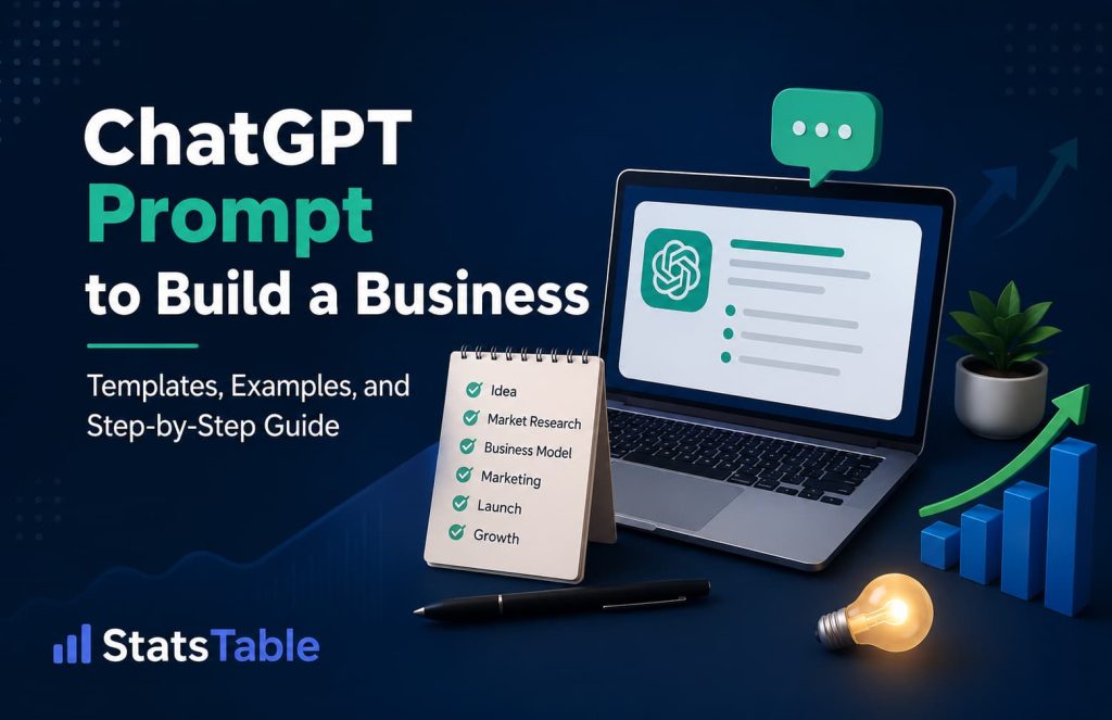 ChatGPT prompt to build a business guide showing AI-powered business planning, market research, startup strategy, marketing, and growth roadmap