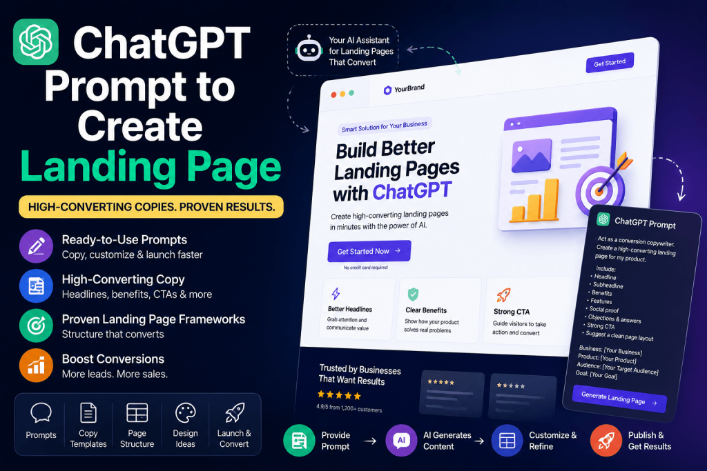 ChatGPT prompt to create landing page featuring AI-generated landing page copy, conversion-focused design, landing page templates, CTA optimization, and high-converting marketing frameworks.