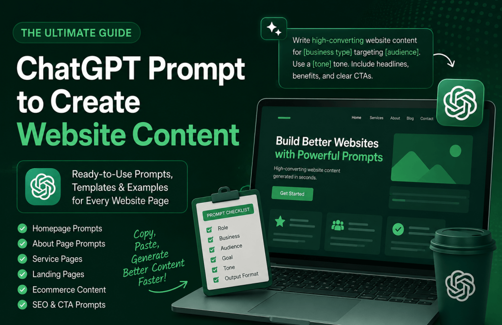 A dark green promotional graphic featuring the title “ChatGPT Prompt to Create Website Content,” a laptop displaying a website layout, AI prompt examples, and a checklist of homepage, service page, landing page, ecommerce, SEO, and CTA content prompts.