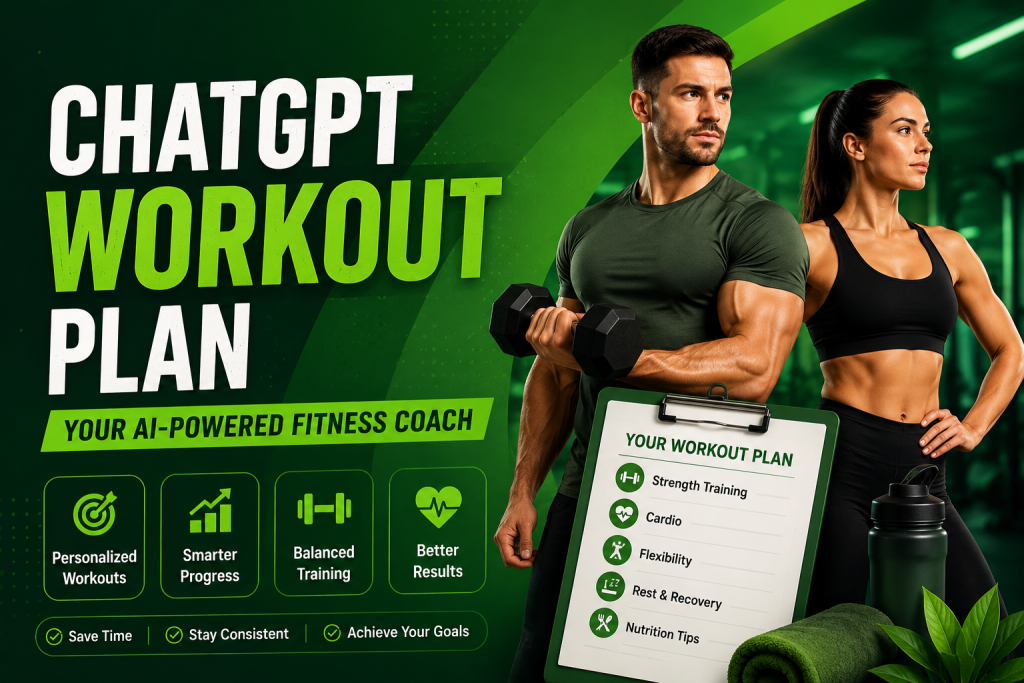 ChatGPT workout plan prompt featuring AI-powered personalized fitness coaching, strength training routines, cardio workouts, and customized exercise planning