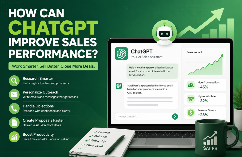 Green-themed featured image showing how ChatGPT improves sales performance. The design includes a laptop displaying a ChatGPT sales assistant interface, sales growth charts, upward-trending revenue graphs, and productivity metrics. Large headline text reads "How Can ChatGPT Improve Sales Performance?" with visual elements representing prospect research, personalized outreach, objection handling, proposal creation, and sales automation.