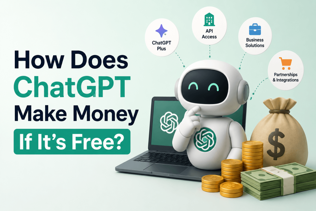 Featured illustration showing how ChatGPT makes money despite offering a free version, with a friendly AI robot, laptop displaying the ChatGPT logo, money bag, cash, gold coins, and revenue sources including ChatGPT Plus, API access, business solutions, and partnerships on a green-themed background.