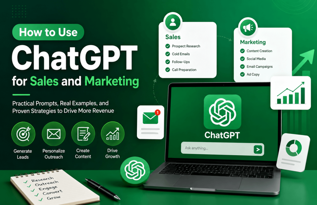 ChatGPT for sales and marketing dashboard showing AI tools for lead generation, cold emails, content marketing, customer engagement, and revenue growth