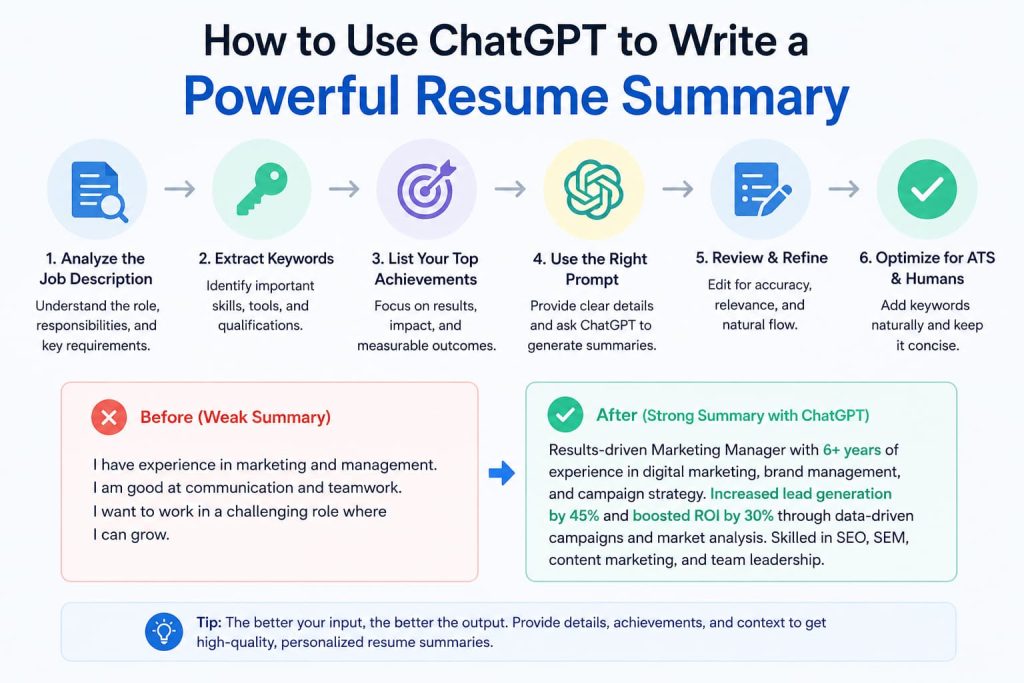 Infographic showing how to use ChatGPT to write a powerful resume summary, including a six-step workflow, ATS keyword optimization process, and before-and-after resume summary examples.
