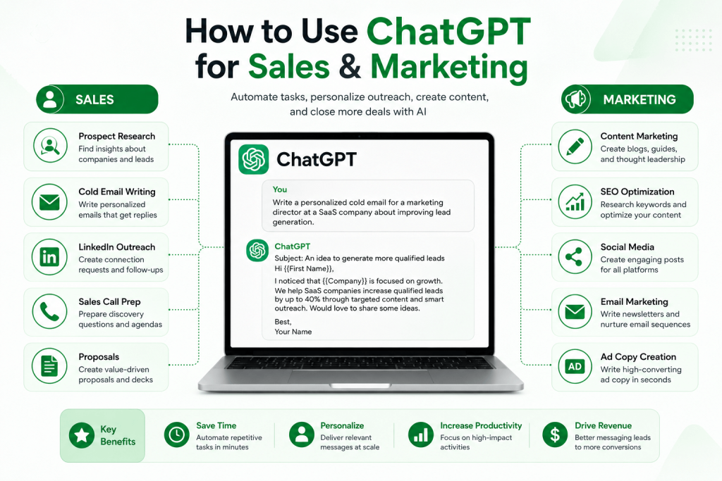 Infographic explaining how to use ChatGPT for sales and marketing including prospect research, cold email writing, LinkedIn outreach, SEO, social media, email marketing, and ad copy creation