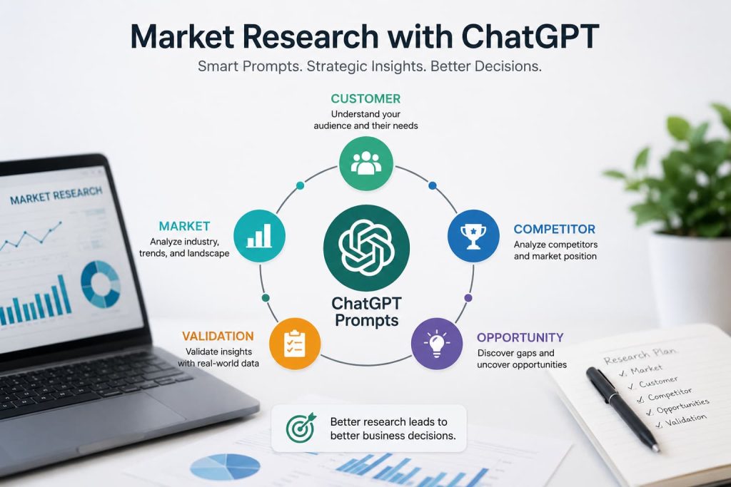 Market research framework using ChatGPT prompts for customer research, competitor analysis, market opportunities, and business validation