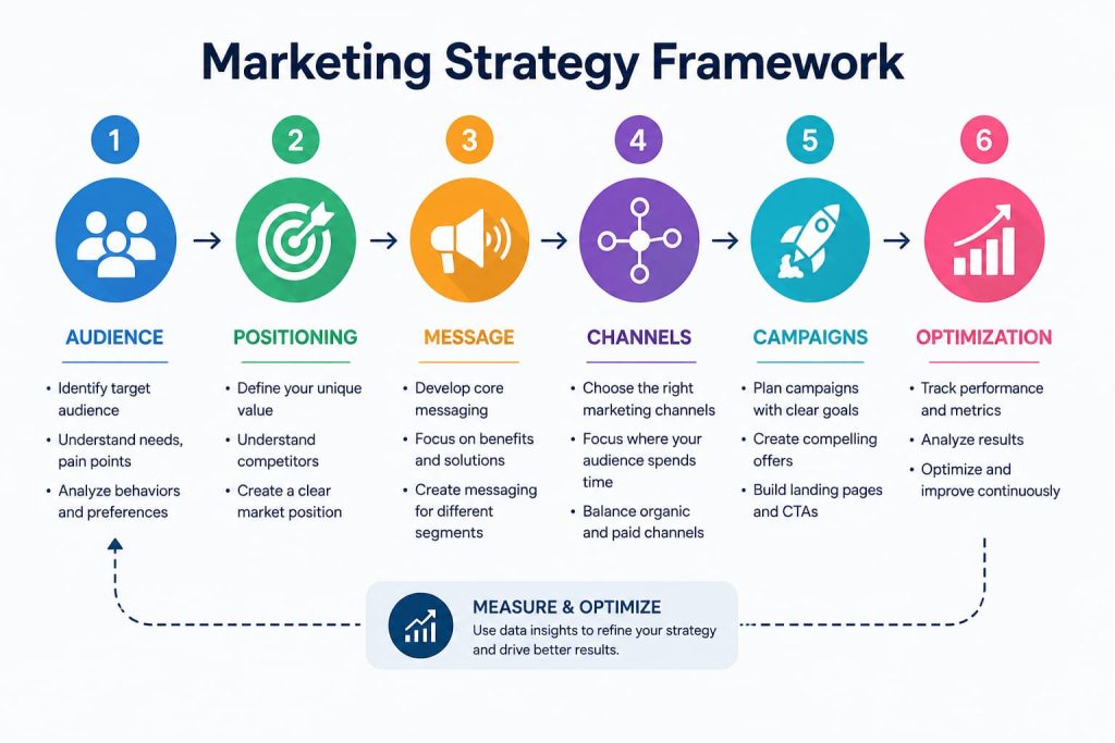 Marketing strategy framework showing audience research, positioning, messaging, marketing channels, campaigns, and optimization process