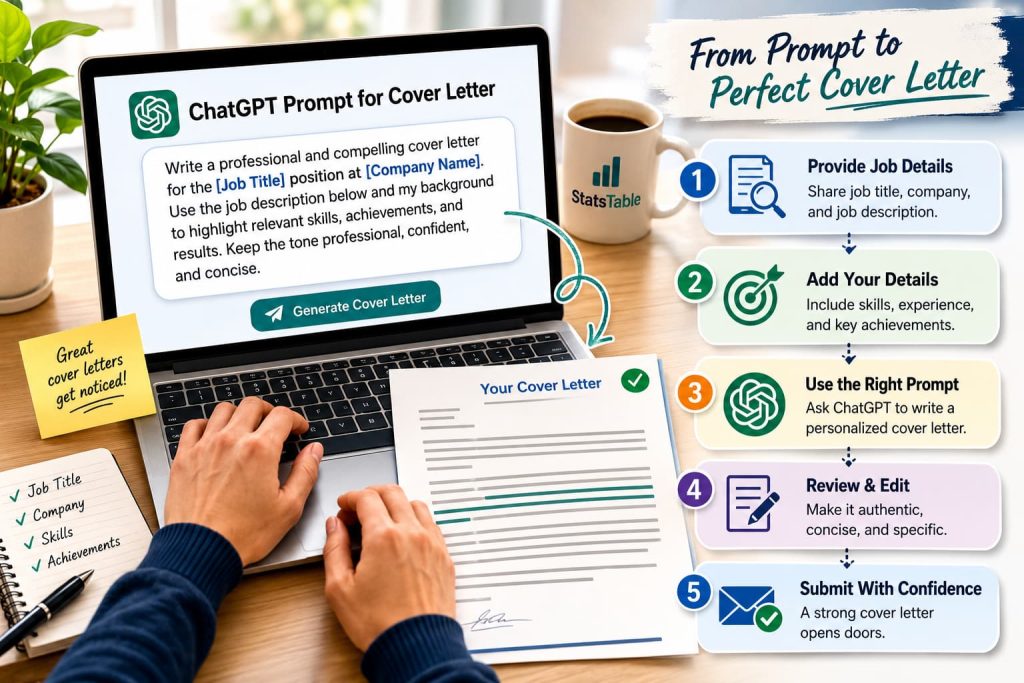 Step-by-step ChatGPT prompt for cover letter creation illustrating how to generate personalized, ATS-friendly cover letters using job details, skills, achievements, and AI writing prompts.