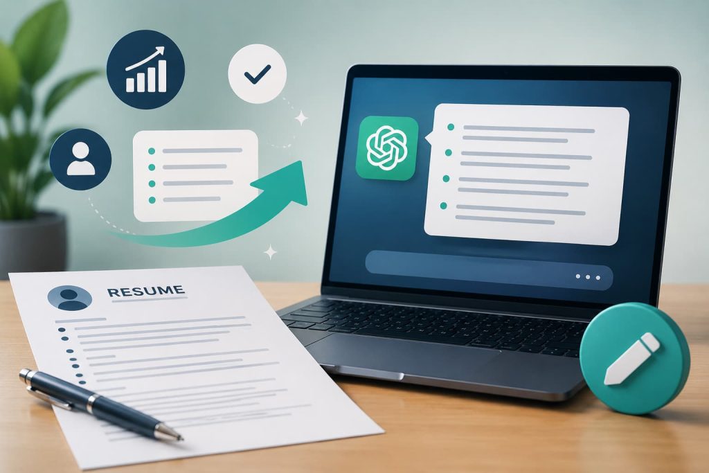 ChatGPT helping improve resume bullet points on a professional resume, showcasing AI-powered resume writing, ATS optimization, and achievement-focused career document enhancement.