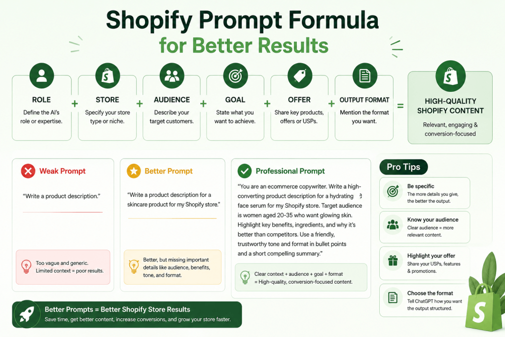 Shopify prompt formula infographic showing the framework Role + Store + Audience + Goal + Offer + Output Format, with examples of weak, better, and professional ChatGPT prompts for creating high-converting Shopify content.