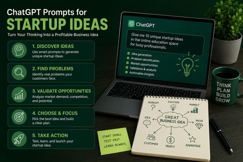 Infographic showing how to use ChatGPT prompts for startup ideas, including idea discovery, problem identification, market validation, opportunity analysis, and business planning on a dark green startup workspace.