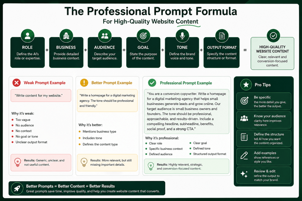 Professional website content prompt formula infographic showing the framework: Role + Business + Audience + Goal + Tone + Output Format. The image compares weak, better, and professional ChatGPT prompts for website copywriting and includes practical tips for creating high-quality, conversion-focused website content.