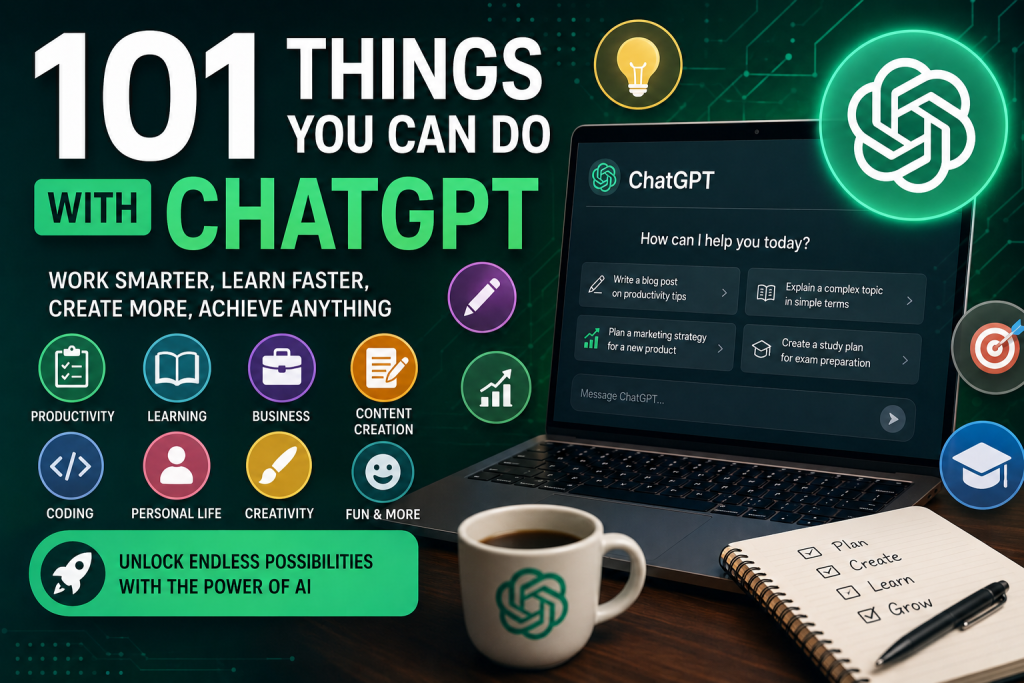 101 things you can do with ChatGPT infographic showing productivity, learning, business, content creation, coding, personal development, and creativity use cases on a laptop displaying the ChatGPT interface.