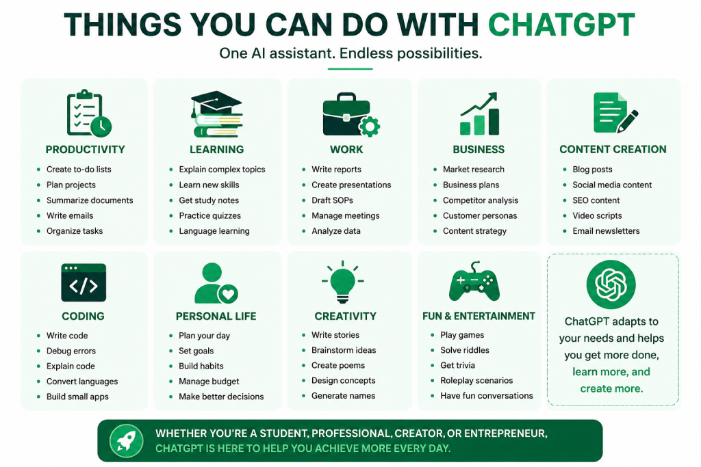 Clean infographic illustrating various ChatGPT use cases across productivity, learning, work, business, content creation, coding, personal life, creativity, and entertainment. Each category includes examples such as creating to-do lists, learning new skills, writing content, debugging code, planning goals, brainstorming ideas, and solving problems with ChatGPT.