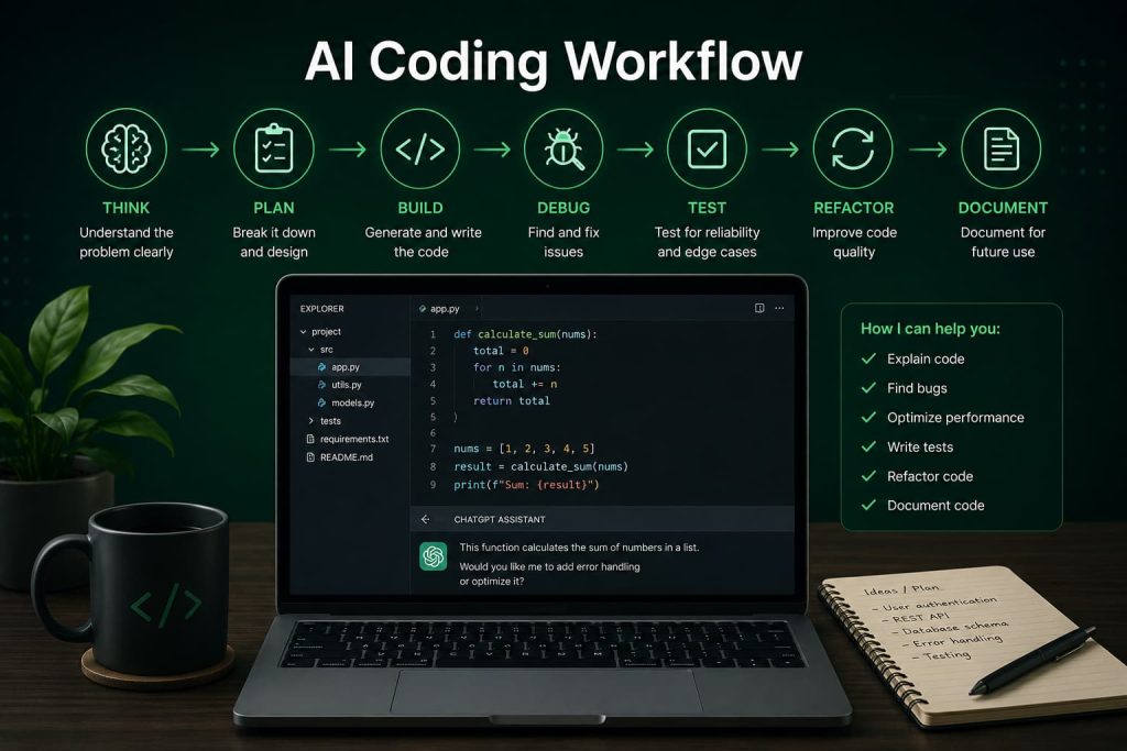 AI coding workflow using ChatGPT showing the software development lifecycle from Think and Plan to Build, Debug, Test, Refactor, and Document.