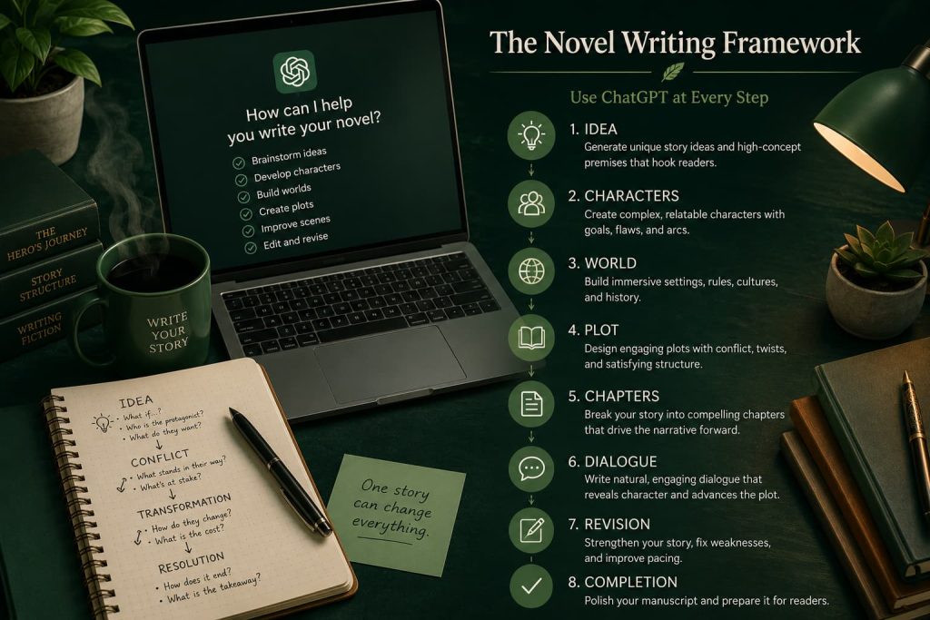 Illustration of the ChatGPT novel writing framework showing idea generation, character development, world building, plot planning, dialogue writing, revision, and manuscript completion.