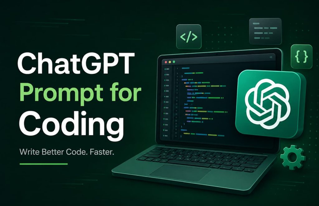 ChatGPT Prompt for Coding featuring AI-assisted code generation, software development, debugging, and programming workflow on a laptop with a dark green technology background.