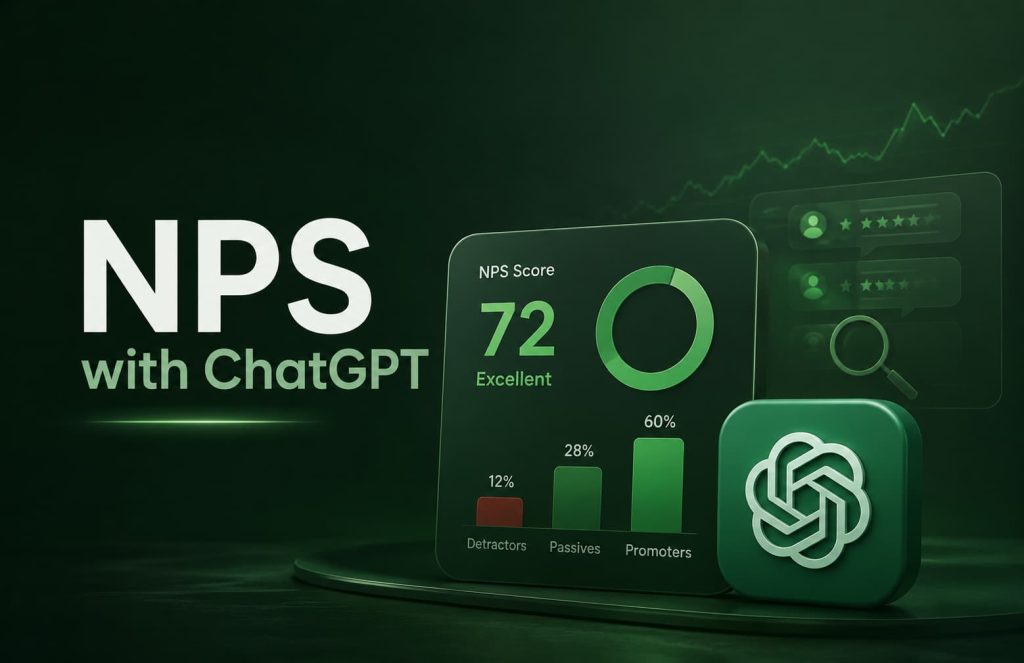 ChatGPT prompts for NPS calculation displayed on a customer feedback analytics dashboard with Net Promoter Score metrics and business insights