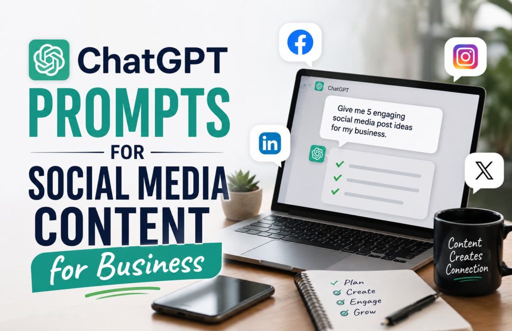 ChatGPT prompts for social media content for business displayed on a modern workspace with laptop, AI chat interface, and social media marketing icons.