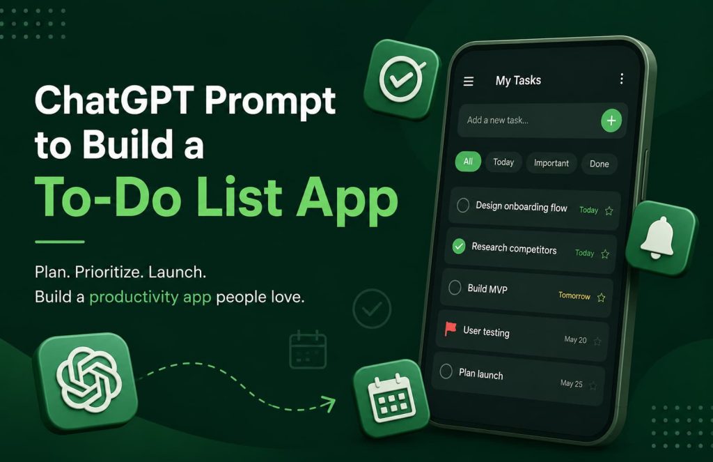 ChatGPT Prompt to Build a To-Do List App with a dark green productivity dashboard and task management mobile app interface