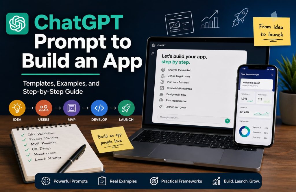 ChatGPT prompt to build an app with step-by-step app development framework including idea validation, user research, MVP planning, app design, development, launch strategy, and growth.