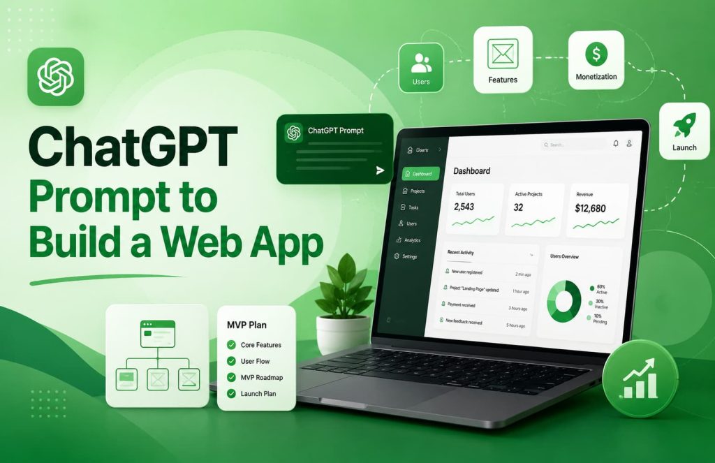 ChatGPT Prompt to Build a Web App – AI-powered web application planning dashboard with laptop, SaaS interface, MVP roadmap, feature planning, and launch strategy in a modern green design.