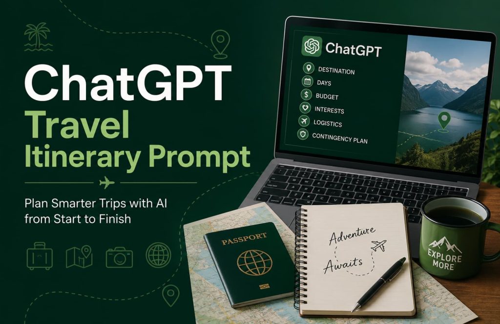 ChatGPT Travel Itinerary Prompt helping travelers plan smarter trips with AI using destination, budget, itinerary, and travel planning framework.